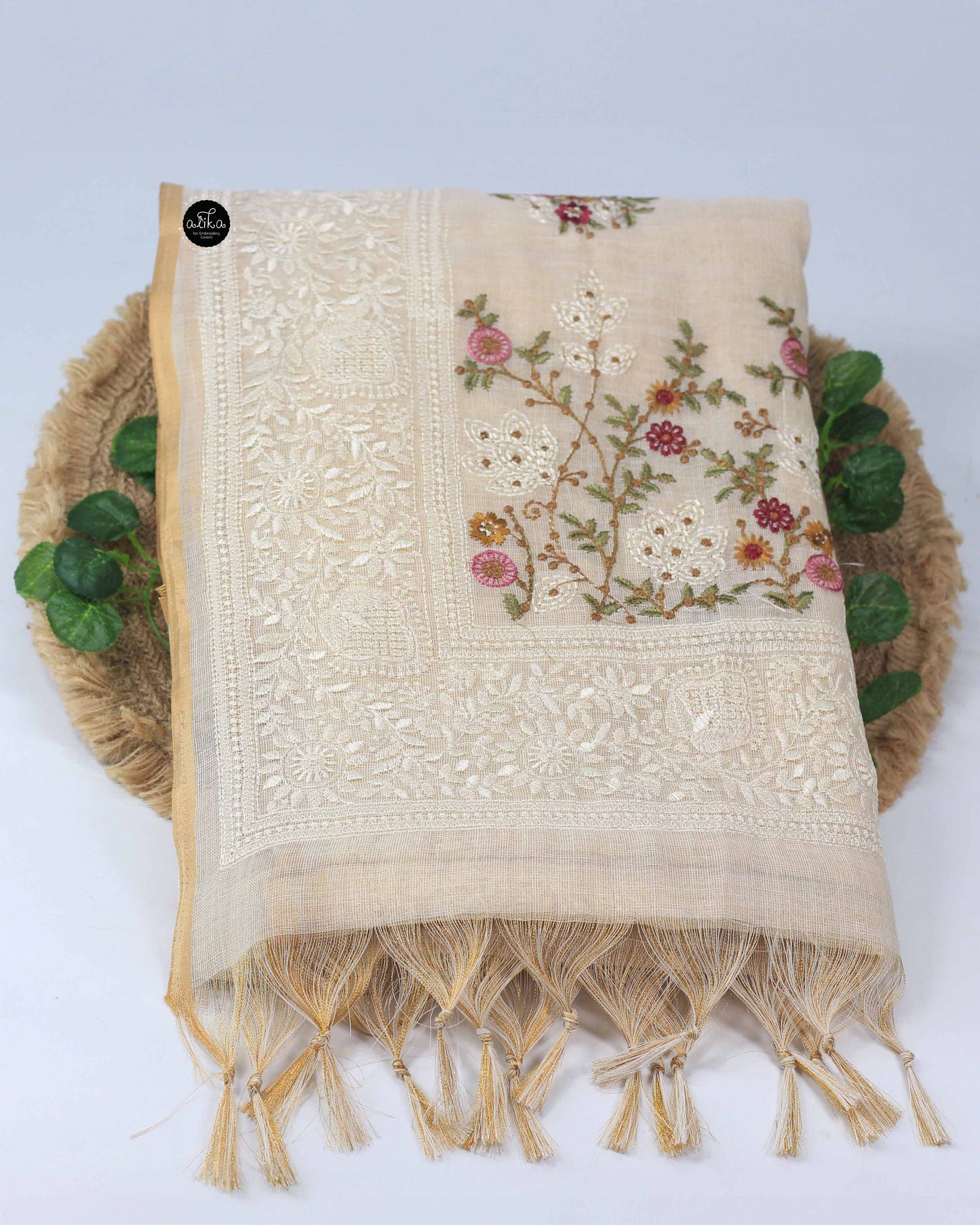 Light Beige Linen Tissue Saree With Pink Floral Machine embroidery