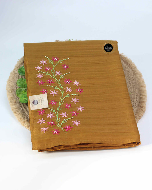 Dark Mustard Yellow Semi Silk Saree with Floral Hand Embroidery and Bead Work