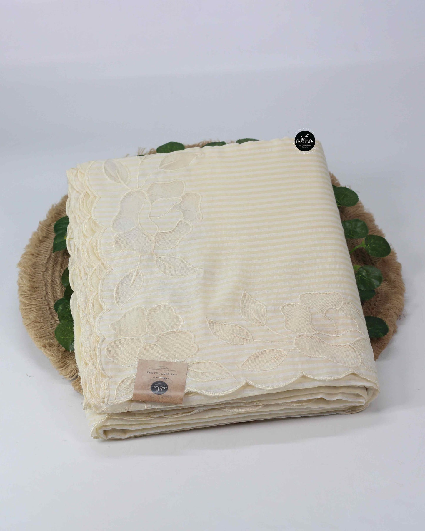 White Chanderi Saree with Yellow stripes Applique Border