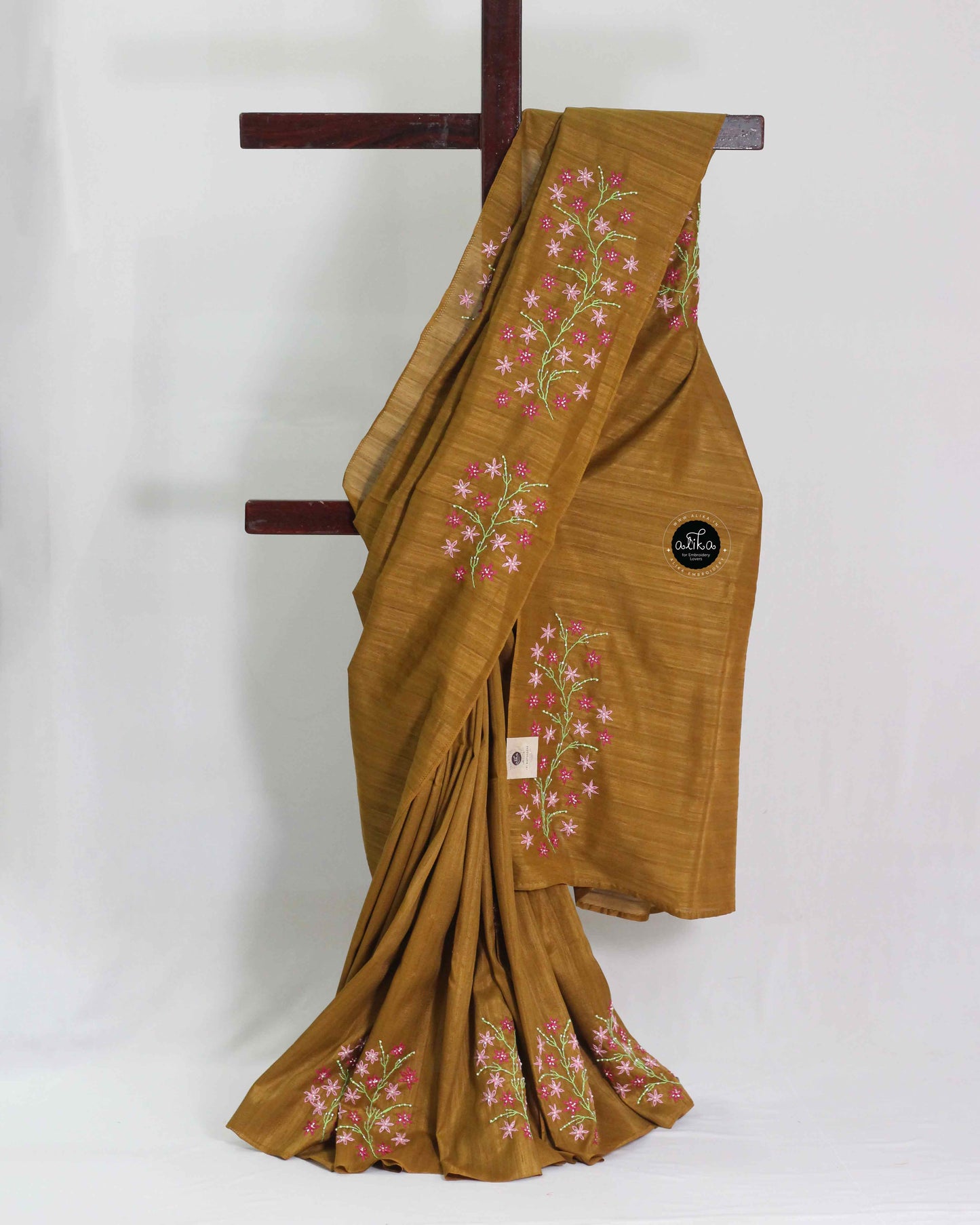 Dark Mustard Yellow Semi Silk Saree with Floral Hand Embroidery and Bead Work