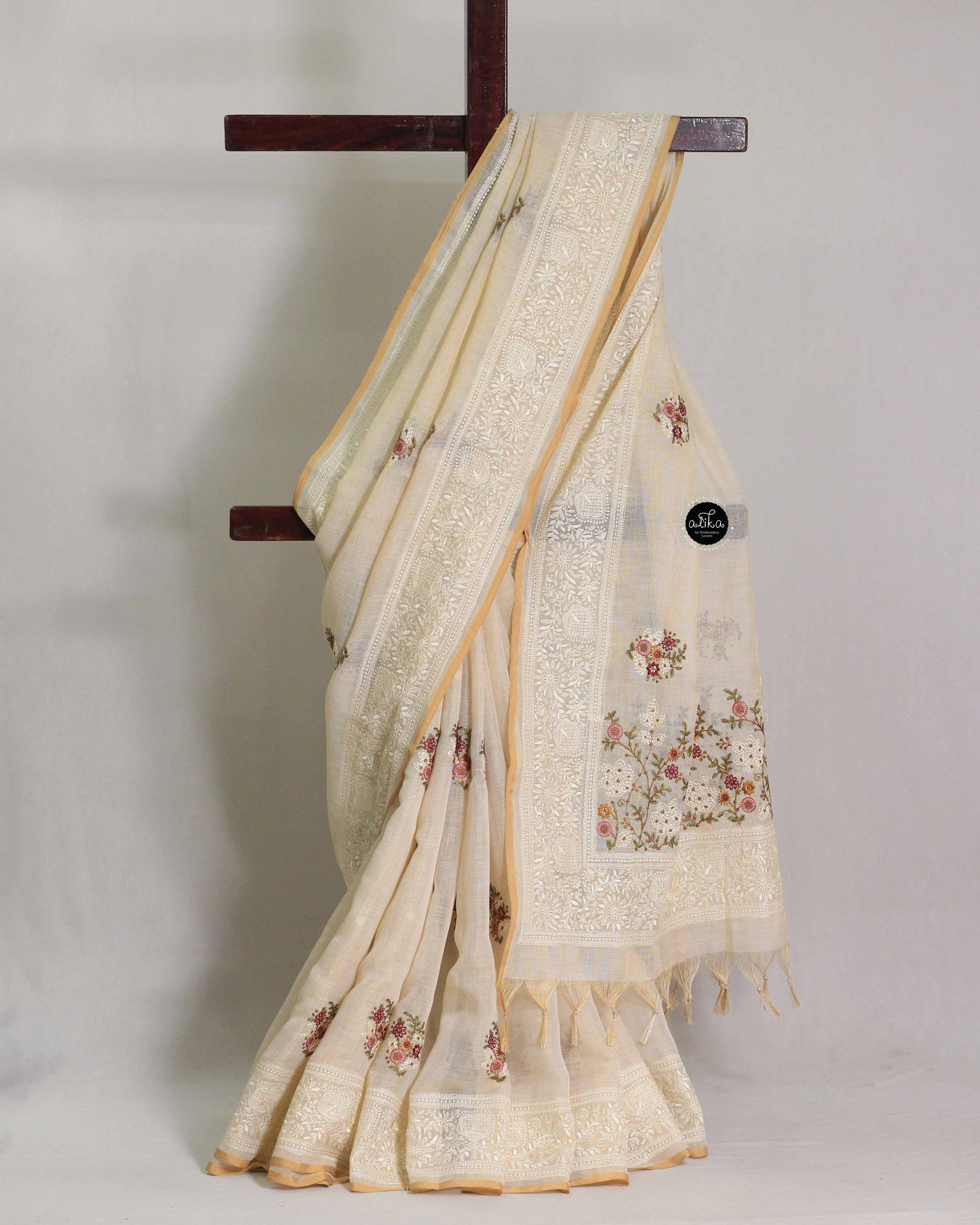 Light Beige Linen Tissue Saree With Pink Floral Machine embroidery