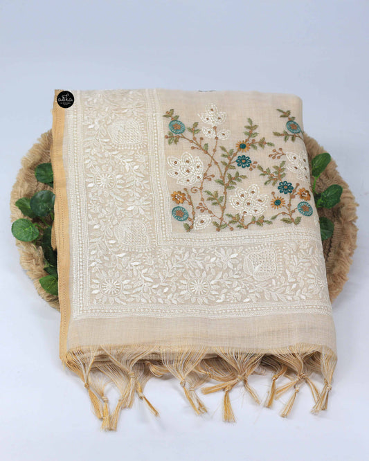 Light Beige Linen Tissue Saree With Blue Floral Machine embroidery
