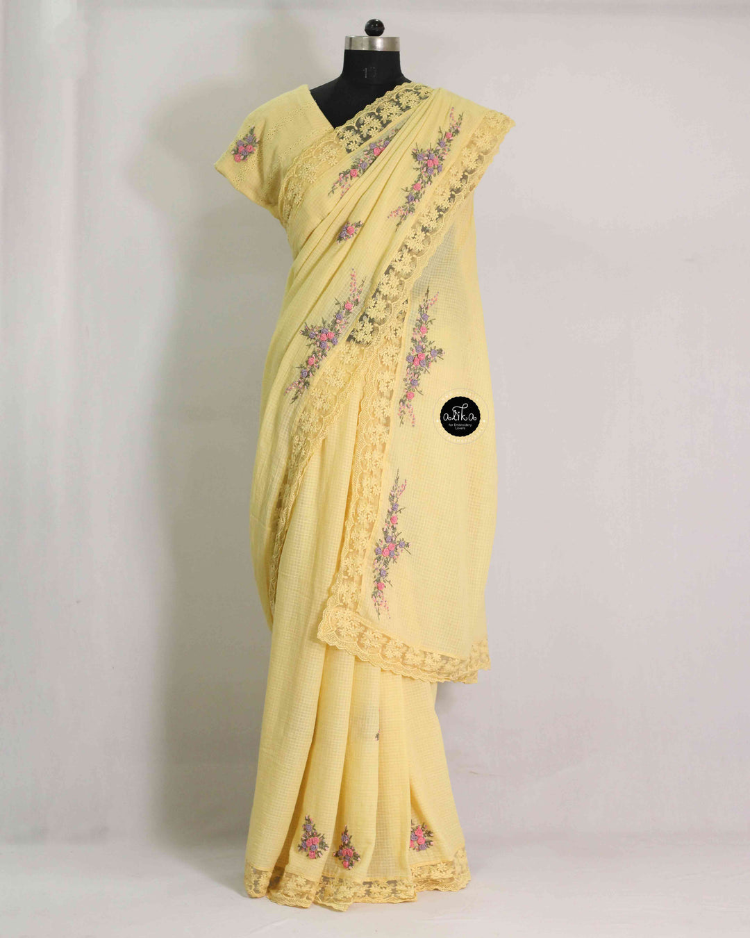 Haldi Yellow Pure Cotton Saree with Floral Hand Embroidery &amp;Lace Border