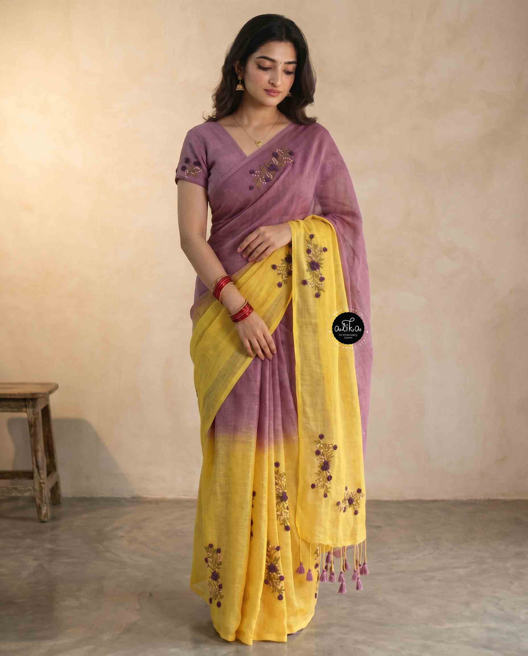 Yellow &amp; Lilac double shaded Pure Linen Saree with Floral Hand Embroidery