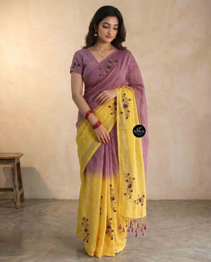 Yellow &amp; Lilac double shaded Pure Linen Saree with Floral Hand Embroidery