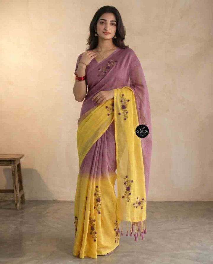 Yellow &amp; Lilac double shaded Pure Linen Saree with Floral Hand Embroidery