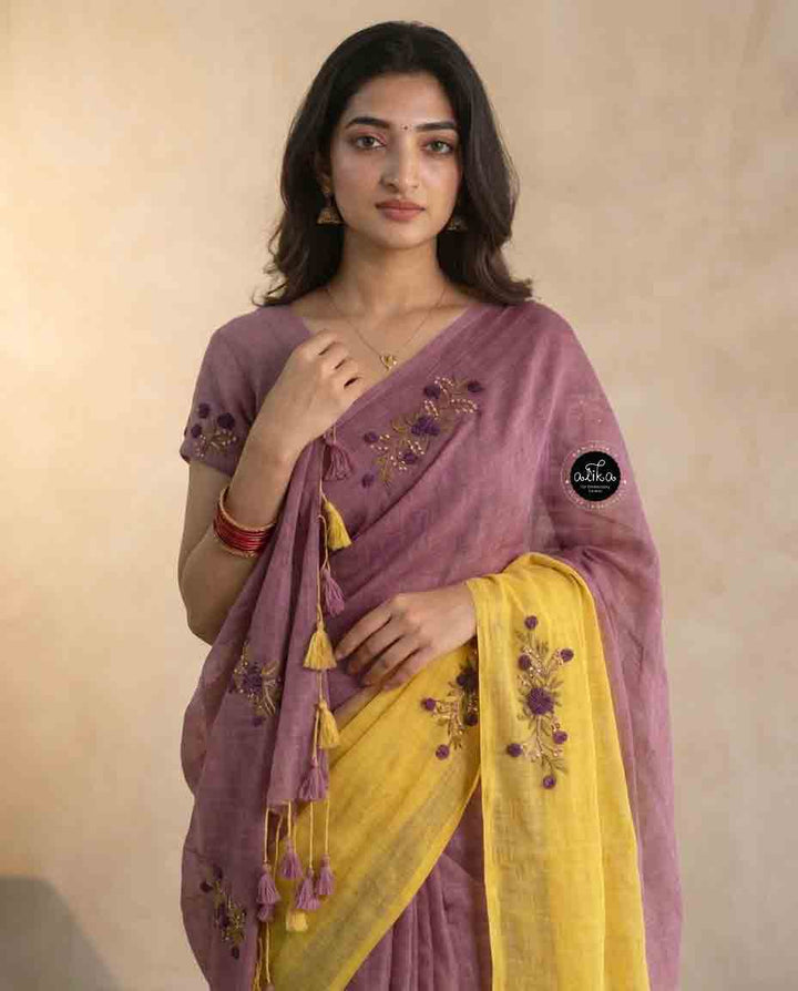 Yellow &amp; Lilac double shaded Pure Linen Saree with Floral Hand Embroidery