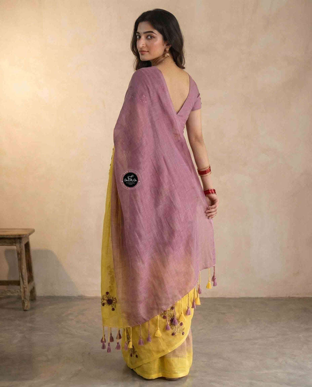 Yellow &amp; Lilac double shaded Pure Linen Saree with Floral Hand Embroidery