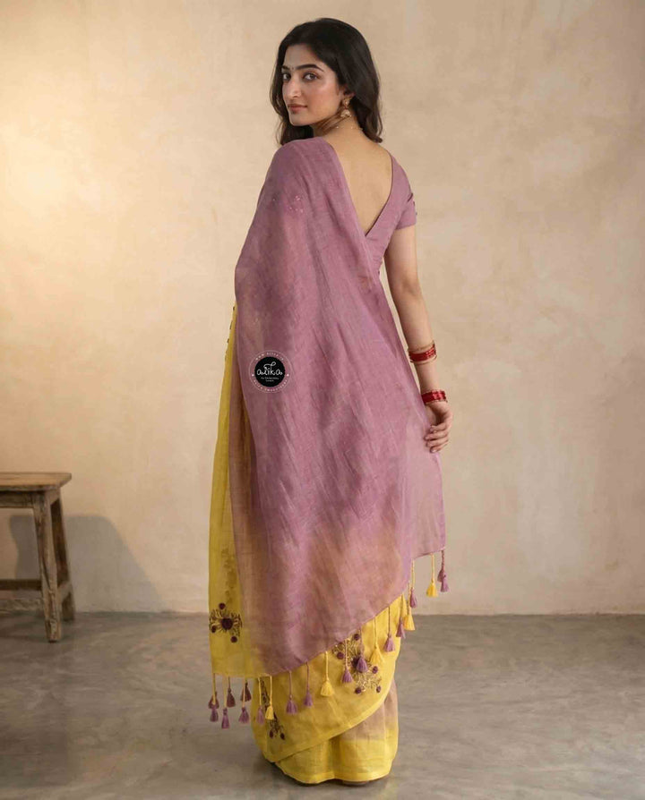 Yellow &amp; Lilac double shaded Pure Linen Saree with Floral Hand Embroidery