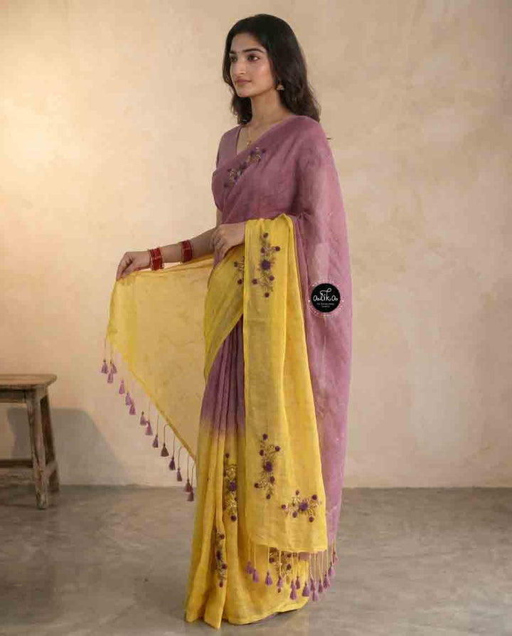 Yellow &amp; Lilac double shaded Pure Linen Saree with Floral Hand Embroidery