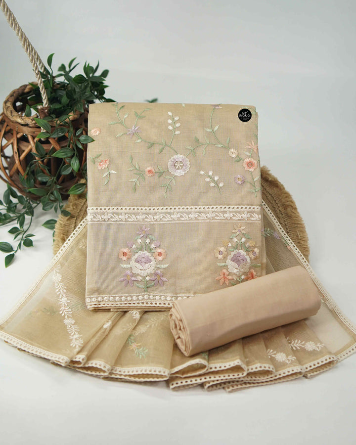 Beige Kota Unstitched Salwar Set with Floral Embroidery