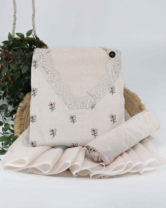 Light Beige Linen Unstitched Salwar Set with Floral Machine Embroidery & Lace Detailing on neck and sleeves