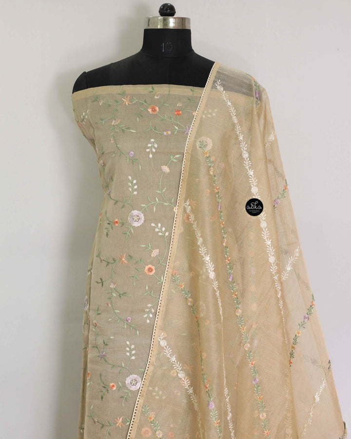 Beige Kota Unstitched Salwar Set with Floral Embroidery