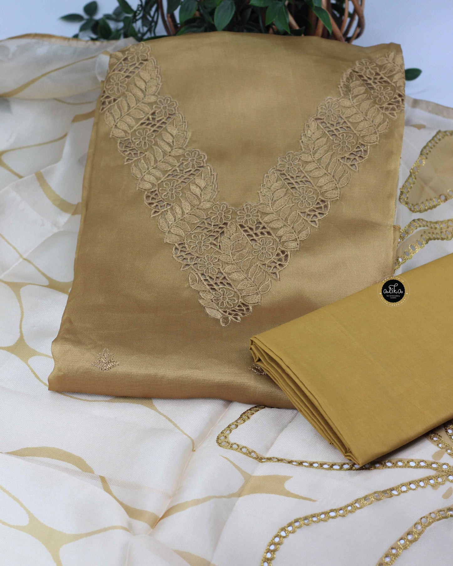 Mustard Yellow Floral Cutwork Semi Silk Unstitched Salwar Set with Machine Embroidery