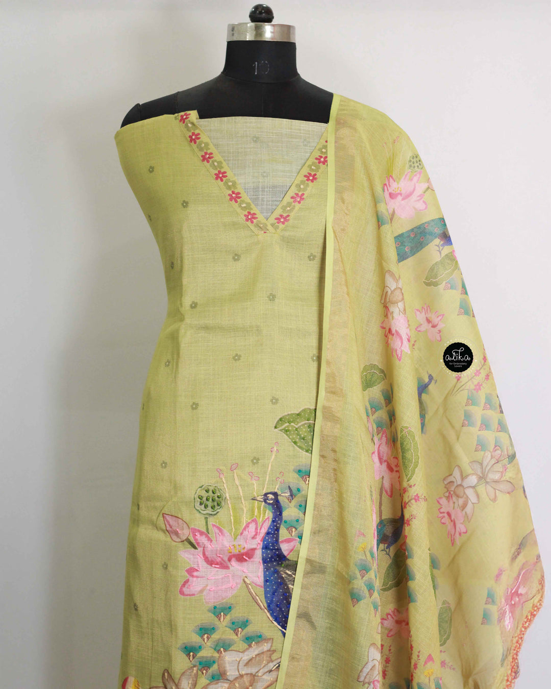 Light Green semi tissue Floral Printed unstitched Salwar Set with Mirror Work
