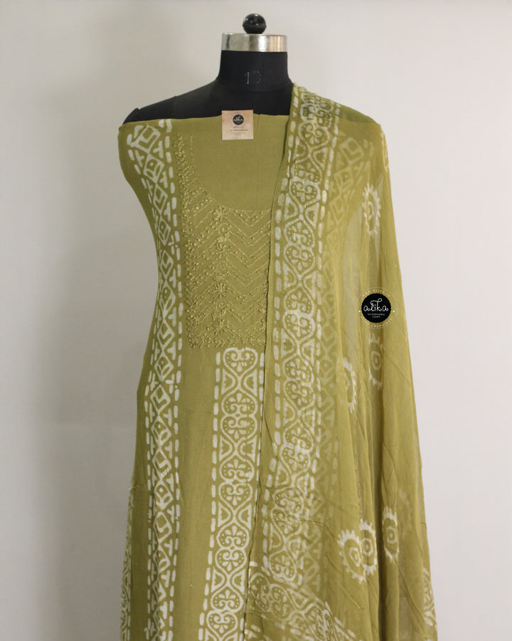 Green Printed Georgette Unstitched Salwar Set with Hand Embroidery