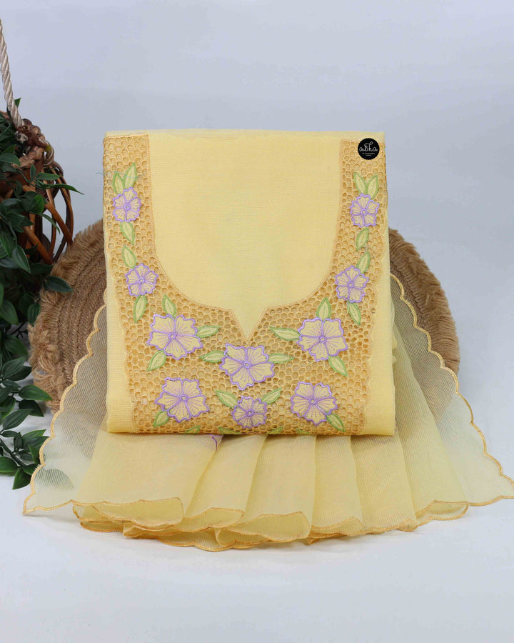 Pastel Yellow Kota Unstitched Top &amp; Dupatta with Floral Cutwork Embroidery