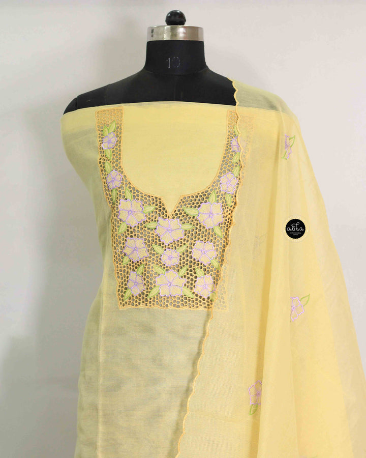Pastel Yellow Kota Unstitched Top &amp; Dupatta with Floral Cutwork Embroidery