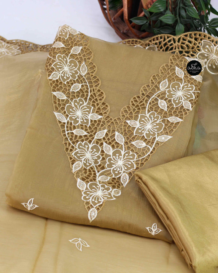 Light Mustard Yellow Organza Unstitched Salwar Set with Floral Twine Cutwork