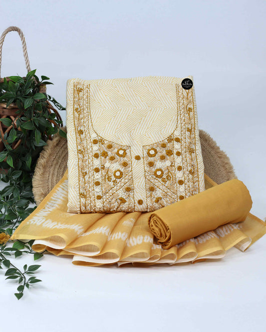 Off White Printed Chanderi Cotton Unstitched Salwar Set with Floral Hand Embroidery