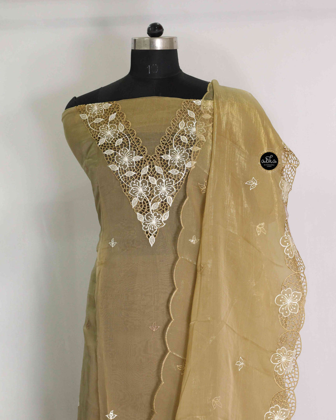 Light Mustard Yellow Organza Unstitched Salwar Set with Floral Twine Cutwork