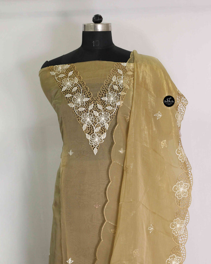 Light Mustard Yellow Organza Unstitched Salwar Set with Floral Twine Cutwork