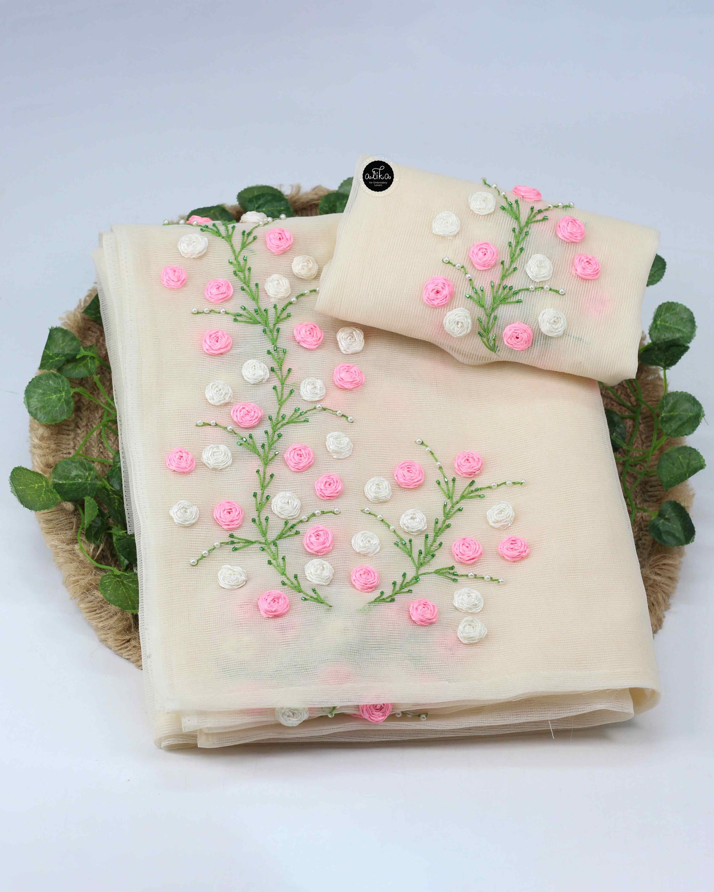 Cream Kota Saree with Floral Ribbon & Bead Work – Luxury Designer Wear