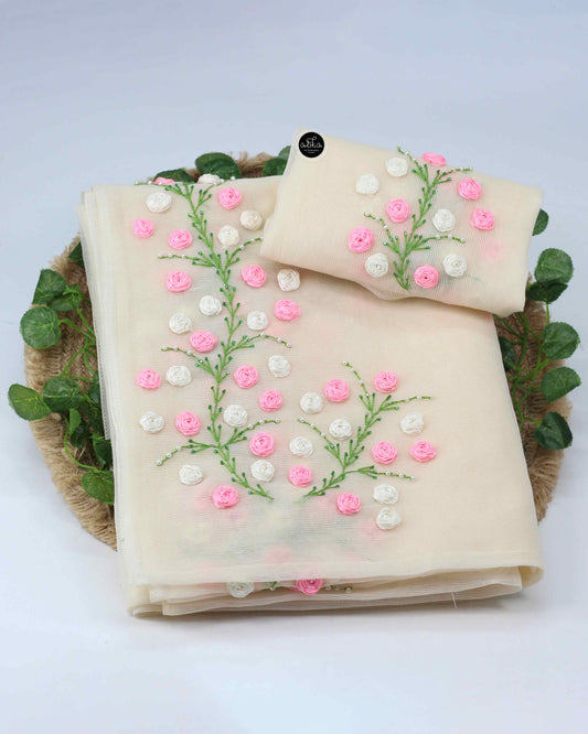 Cream Kota Saree with Floral Ribbon & Bead Work – Luxury Designer Wear