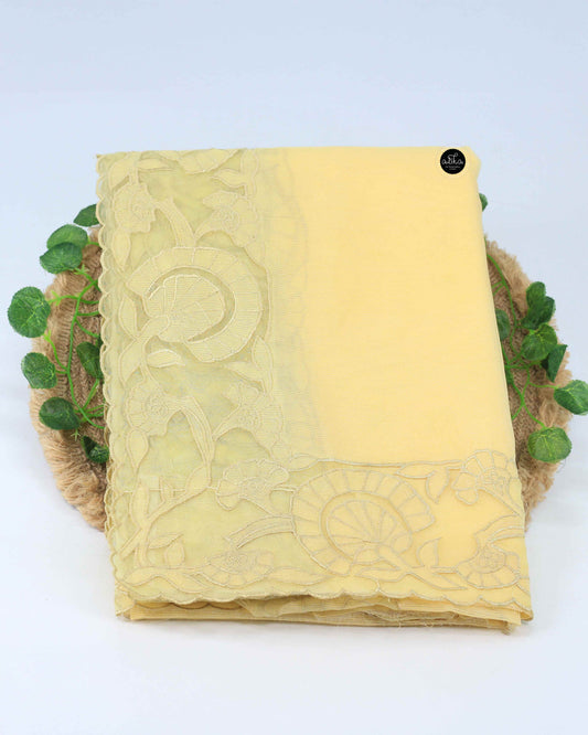Pastel Yellow Kota Saree with Floral Appliqué Border – Elegant Lightweight Ethnic Wear