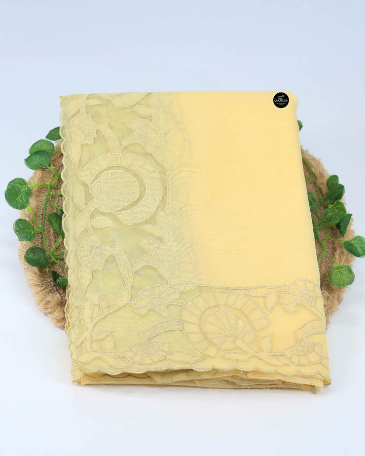Pastel Yellow Kota Saree with Floral Appliqué Border