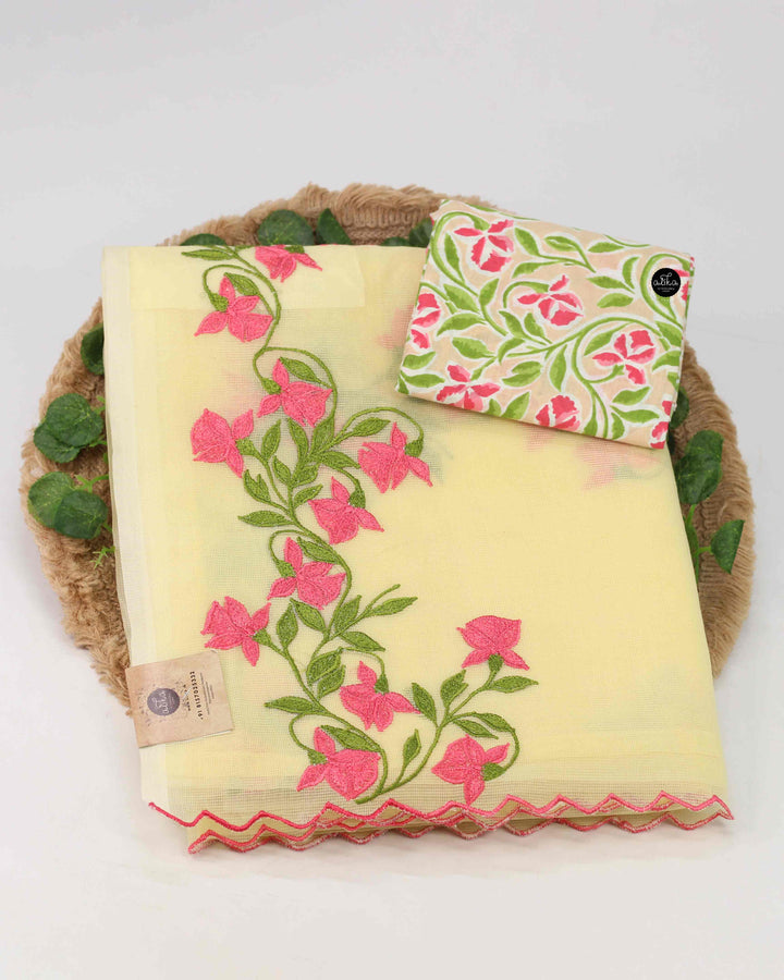 Pastel Yellow Kota Saree with Floral Machine Embroidery –