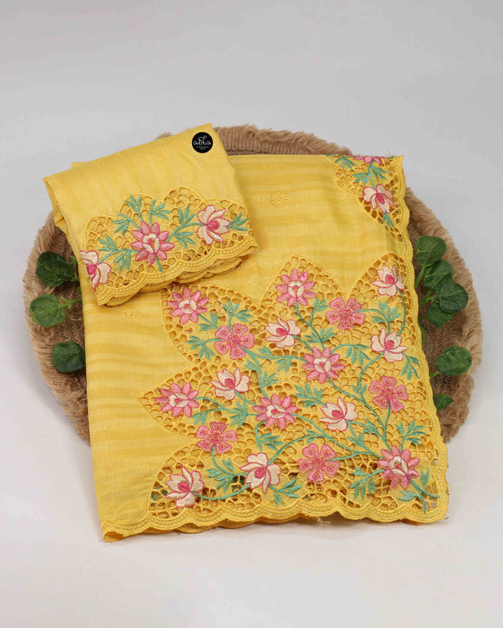 Yellow Semi Silk Saree with Floral Cutwork Embroidery
