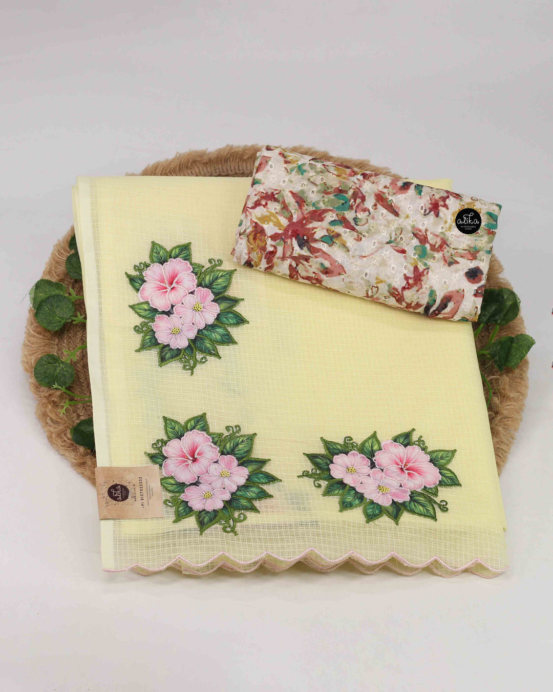 Butter Yellow Stiff Cotton Kota Saree with Floral Appliqué Work