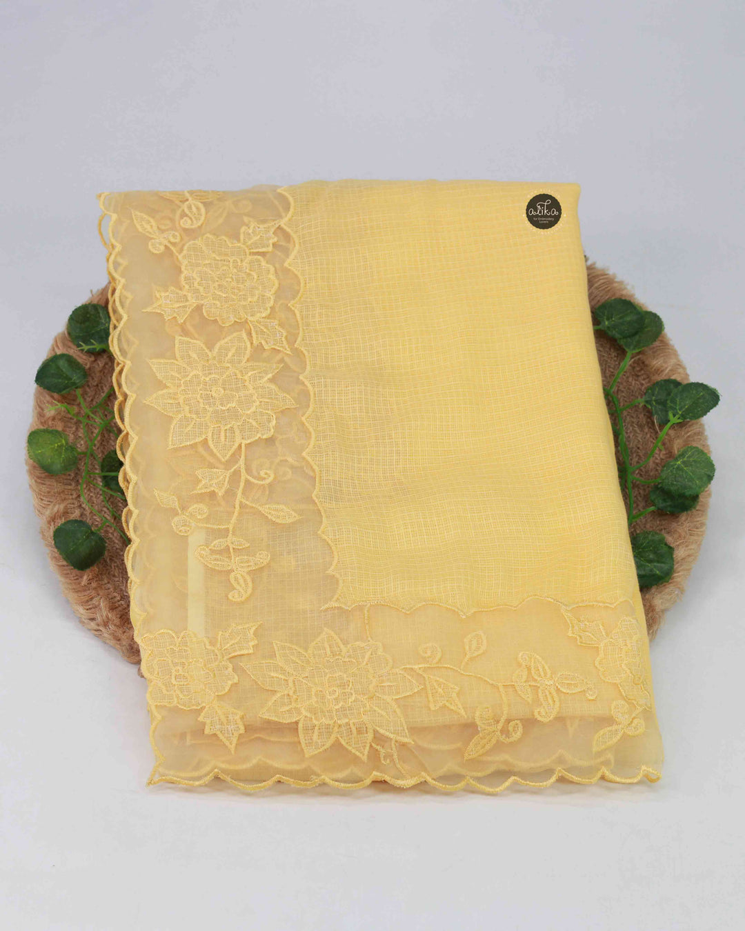 Yellow Cotton Kota Saree with Floral Appliqué Border