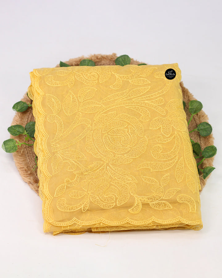 Yellow Crushed Silk Saree with Floral Machine Embroidery
