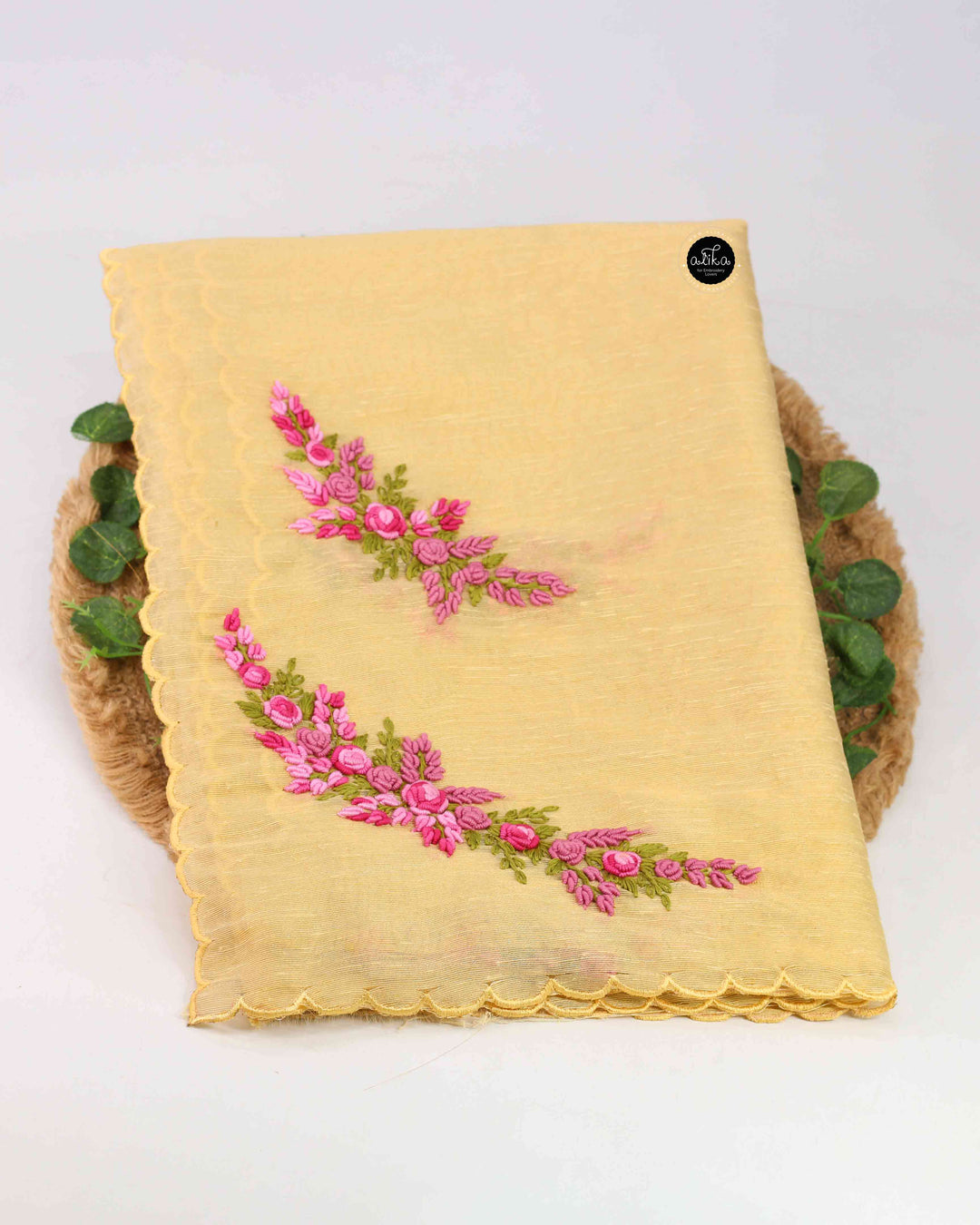 Yellow Semi Silk Saree with Floral Hand Embroidery
