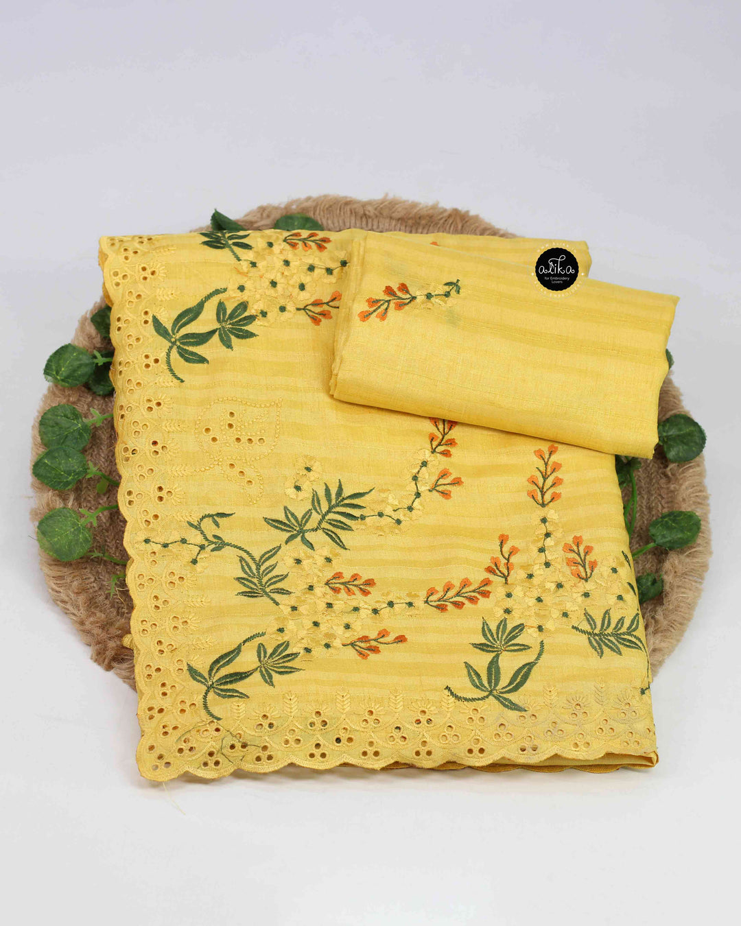 Yellow Designer Silk Saree with Floral Machine Embroidery &amp; Cutwork