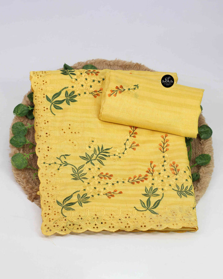 Yellow Designer Silk Saree with Floral Machine Embroidery &amp; Cutwork