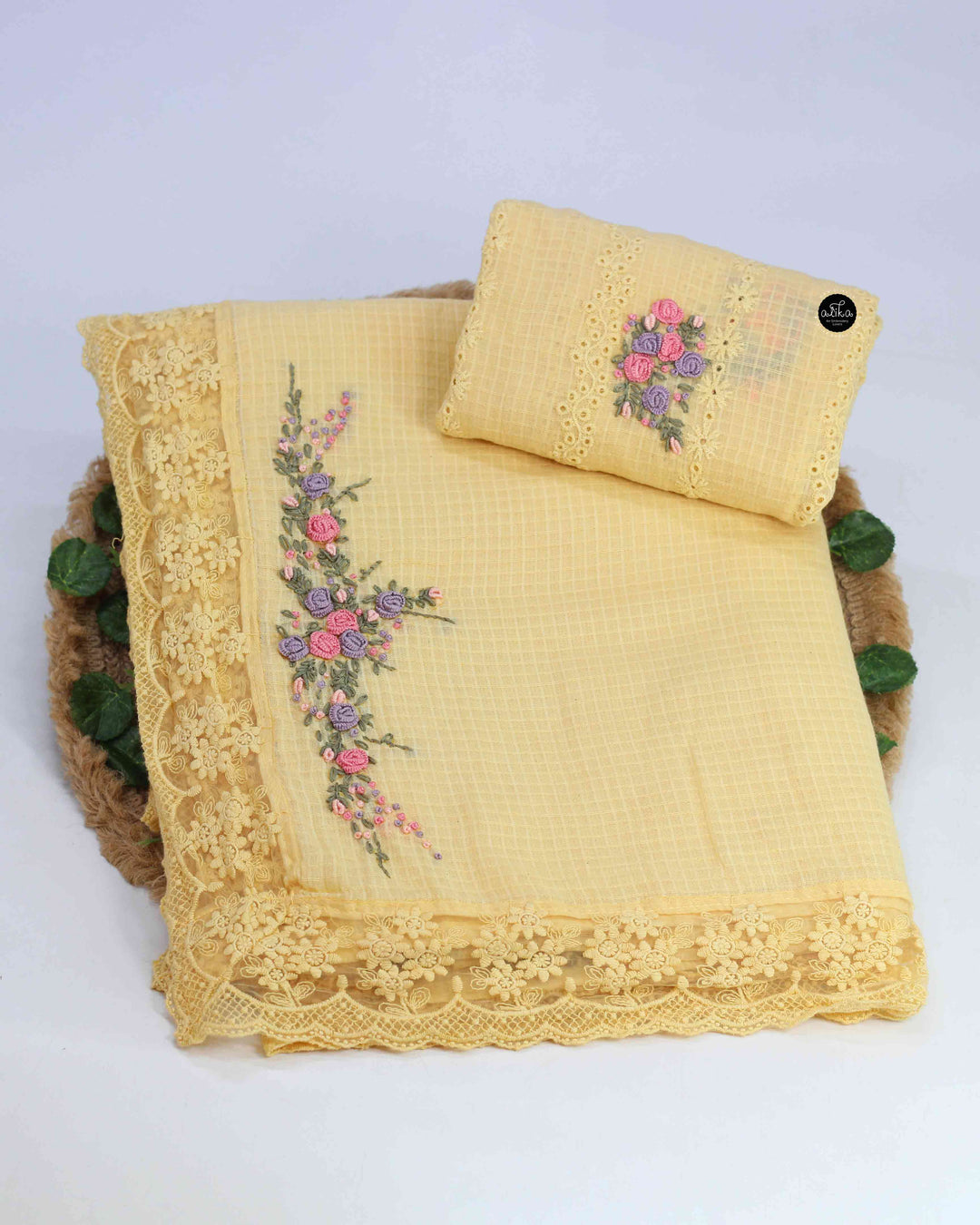 Haldi Yellow Pure Cotton Saree with Floral Hand Embroidery &amp;Lace Border