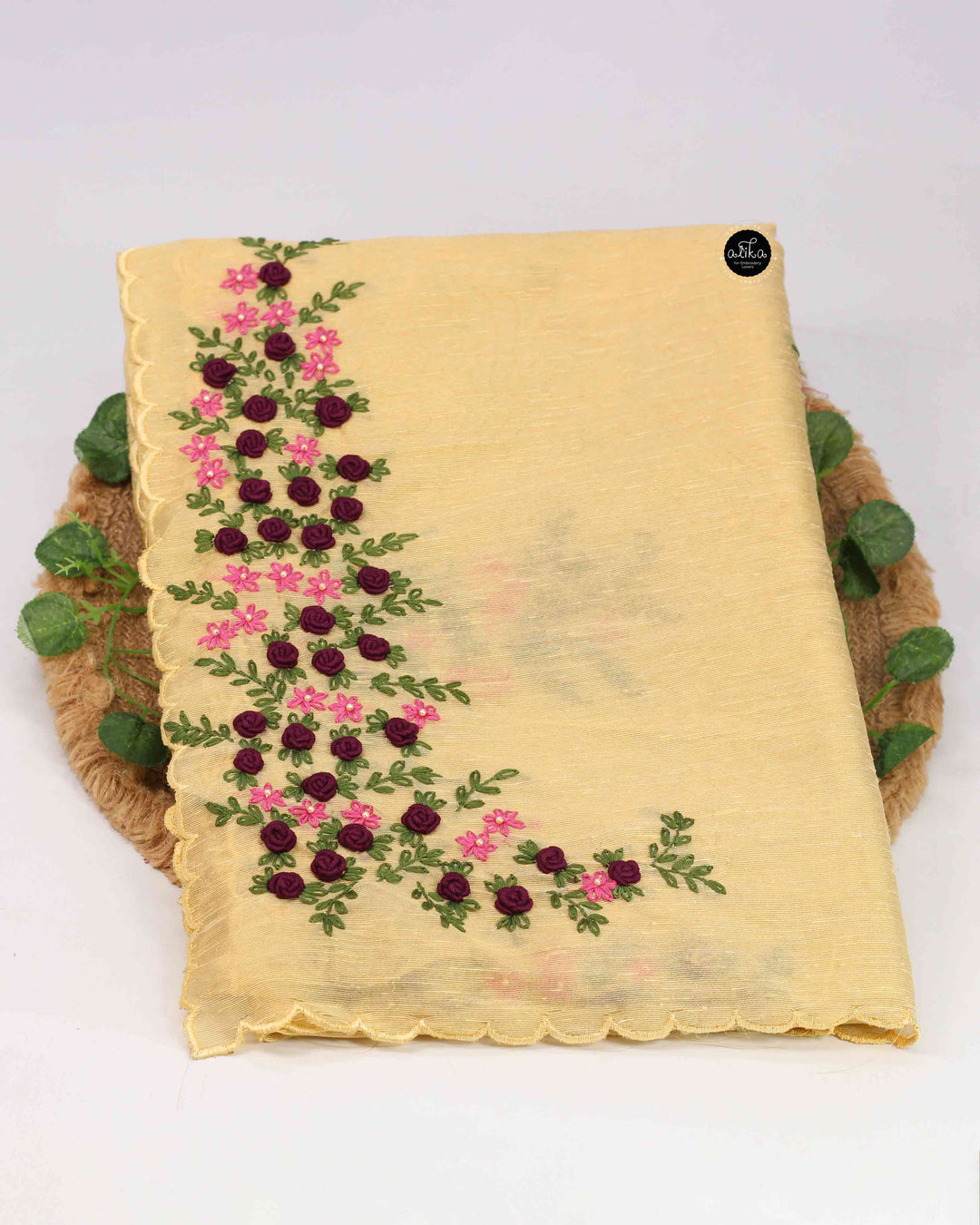 Yellow Designer Silk Saree with Floral Hand Embroidery