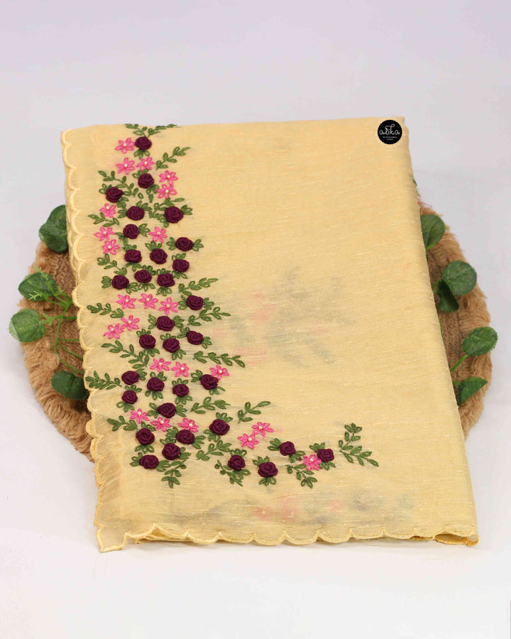 Yellow Designer Silk Saree with Floral Hand Embroidery