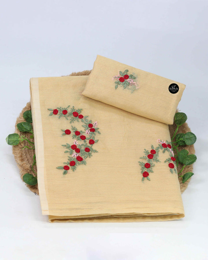Sandal Colour Kota Saree with Floral Hand Embroidery