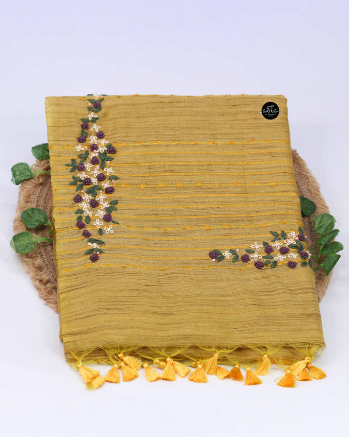 Mustard Yellow Bamboo Silk Saree with Floral Hand Embroidery