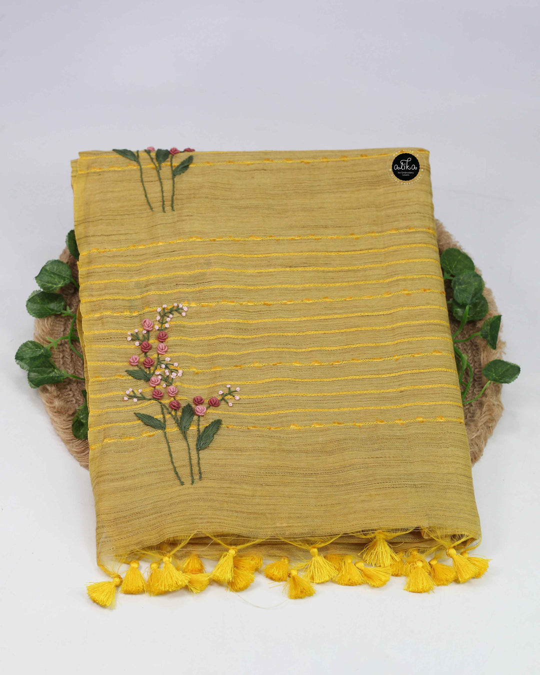 Mustard Yellow Bamboo Silk Saree with Floral Hand Embroidery