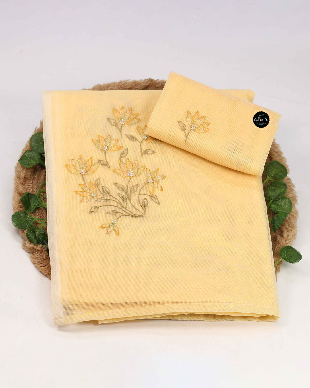 Butter Yellow Kota Saree with Floral Shadow Work &amp; Bead Embellishments