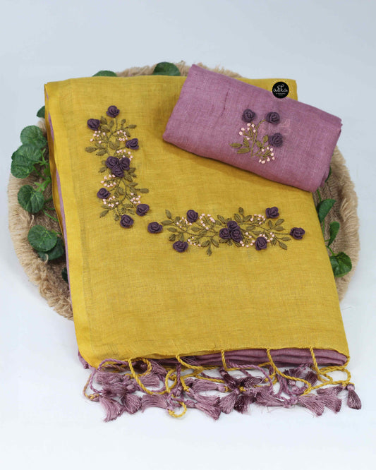 Yellow & Lilac Pure Linen Saree with Floral Hand Embroidery