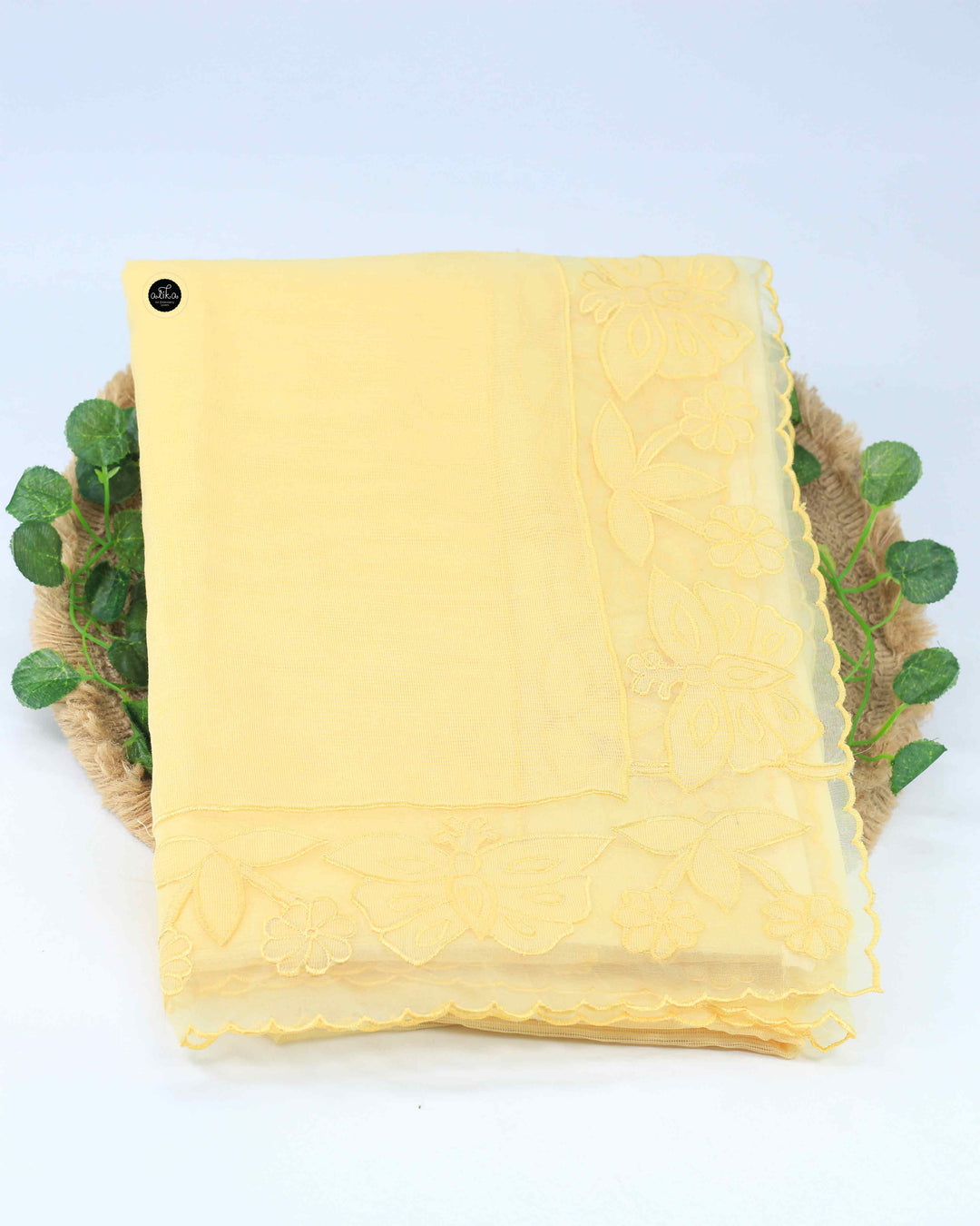 Pastel Yellow Kota Saree with Floral Net Appliqué Border