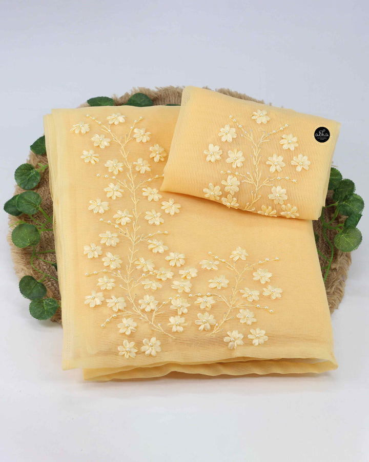 Yellow Kota Saree with Self-Shade Ribbon Work Embroidery