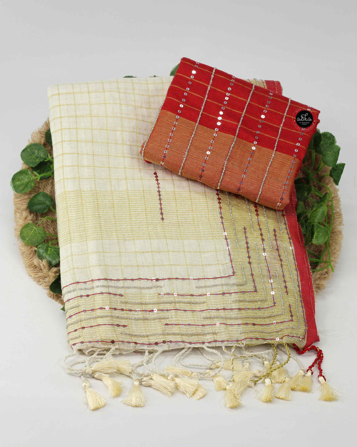 Cream Pure Linen Saree with Bead &amp; Sequin Work