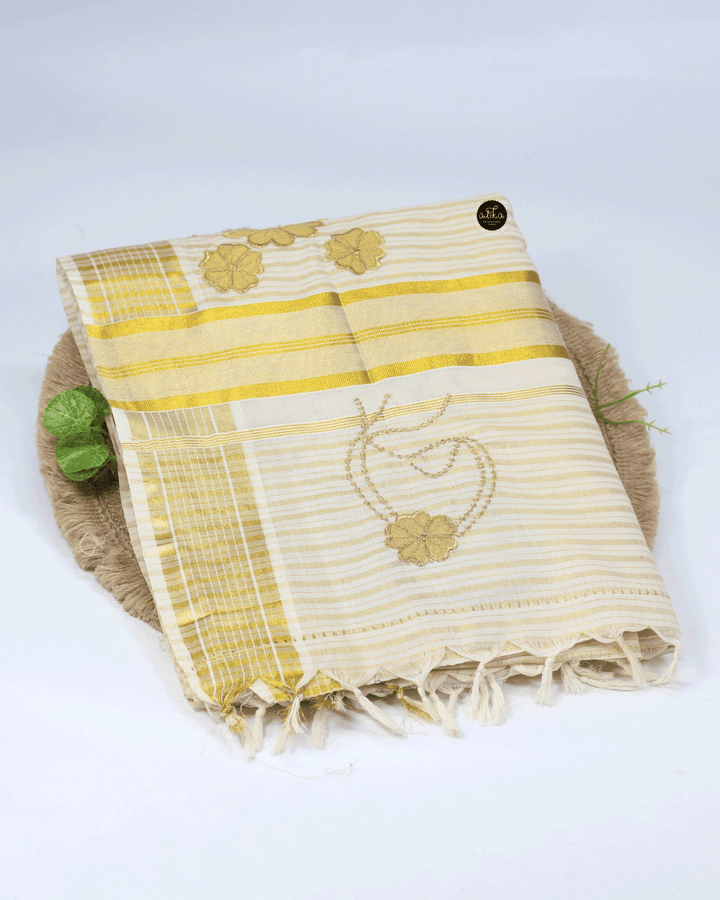 Kerala Kasavu Saree with Appliqué and Embroidery